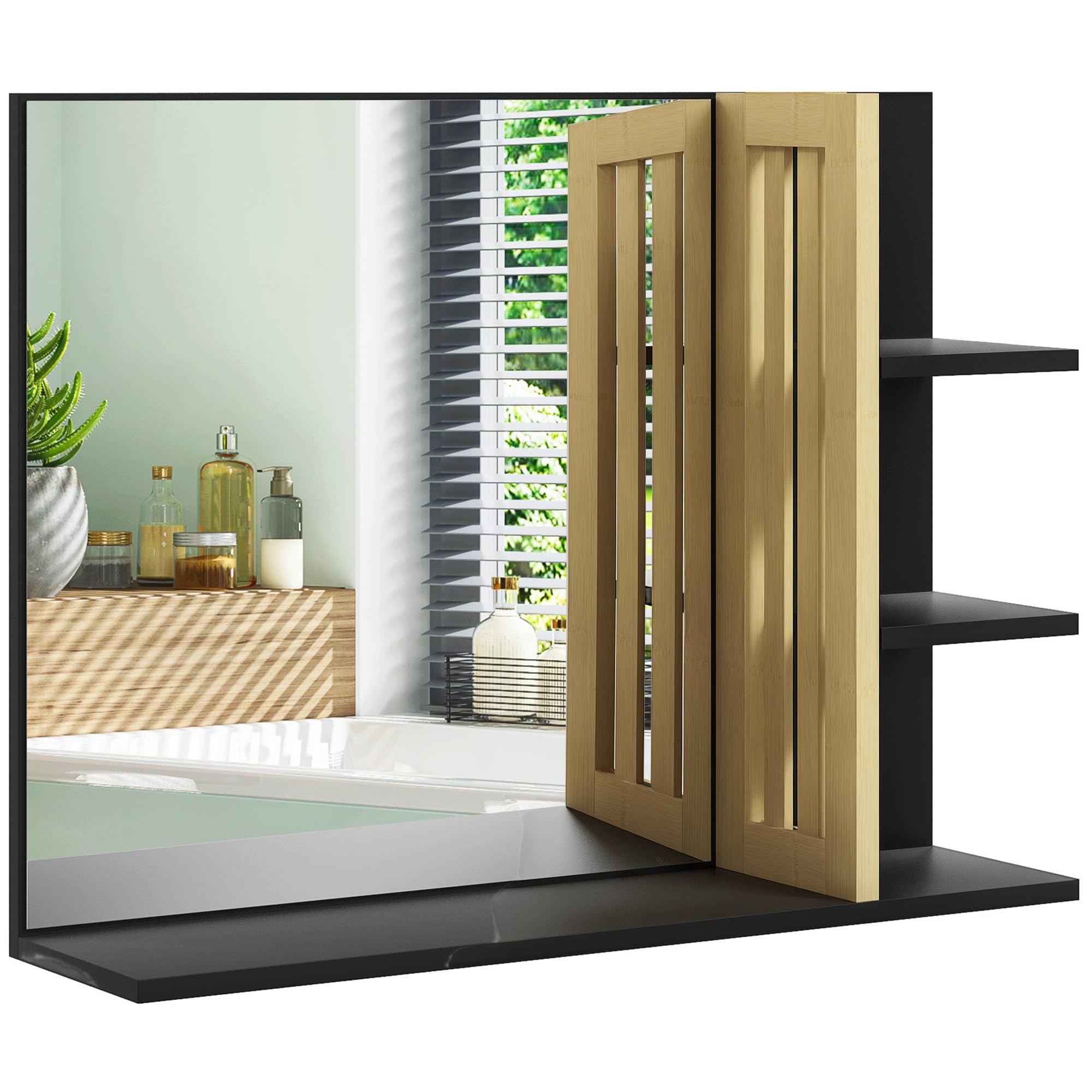 Homcom Unisex Black Modern Wall Mounted Bathroom Mirror With 4 Storage Open Shelves
