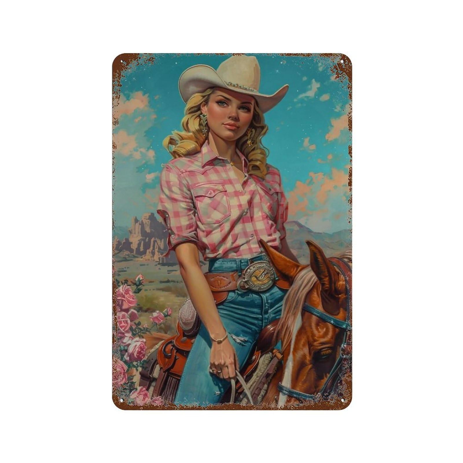 FHUYEURHRY Western Cowgirl & Horse 03 Wall Decor Retro Iron Vintage Art Metal Tin Sign Poster Modern Home Cofffee Club Art Bar Shop Decorations Style 30x20cm