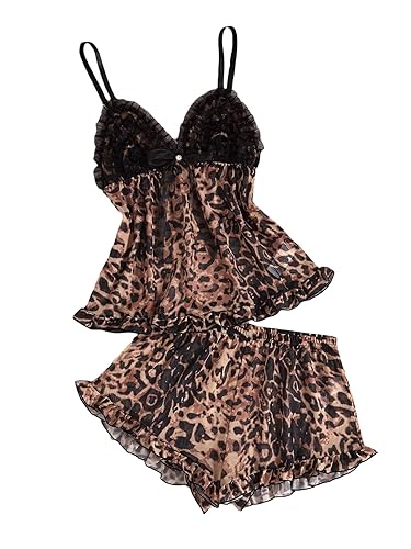 QCGRSQ Women's Leopard Print 2 Pieces PJ Set Floral Lace Cami And Shorts Pajama Set - Brown - Small