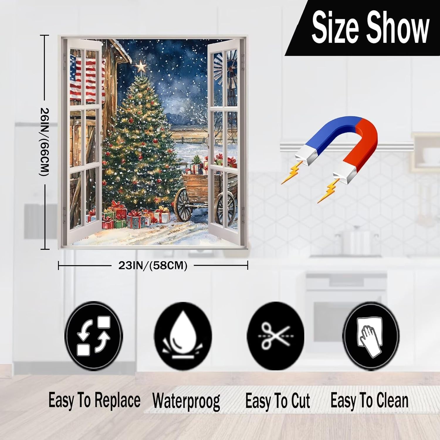 Window Christmas Tree Magnetic Dishwasher Cover Decal, Christmas Tree Moonlight Dishwasher Panel Decal, Christmas Kitchen Decor Sticker, 23"x26" Ordinary
