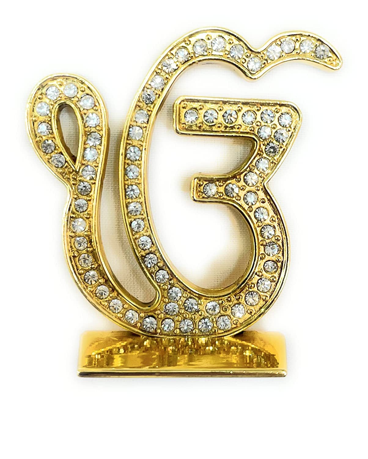 Imagine Mart Sikh Religious Metal Golden Color Sikh Religious Ek Onkar ( 6 cm X 5 cm ) Nug Diamond Statue for Car Dashboard | Mandir Murti | Home Decor | Office Table Showpiece