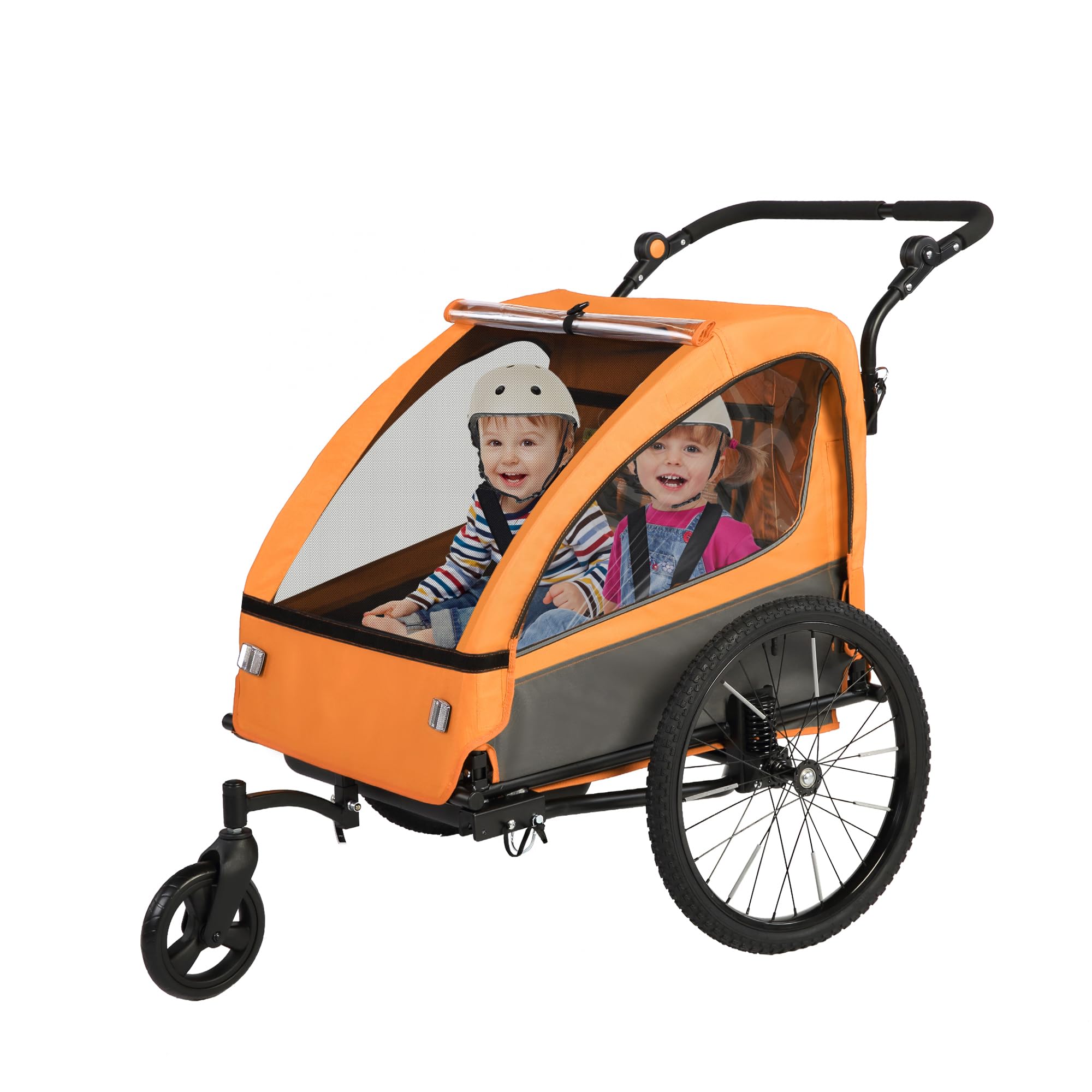 Fiximaster 2-in-1 Kinderanhänger mit Federung für 1–2 Kinder, Faltbarer Fahrradanhänger 2 Kinder, Kinderwagen mit Großer Stauraum, Joggerfunktion, Reflektoren (orange1)