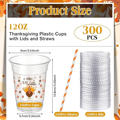 Miniatura 2 de 300 tazas de plástico para fiestas de otoño de 12 onzas con tapas y vasos de plástico para pajilla, vasos transparentes desechables para Acción de