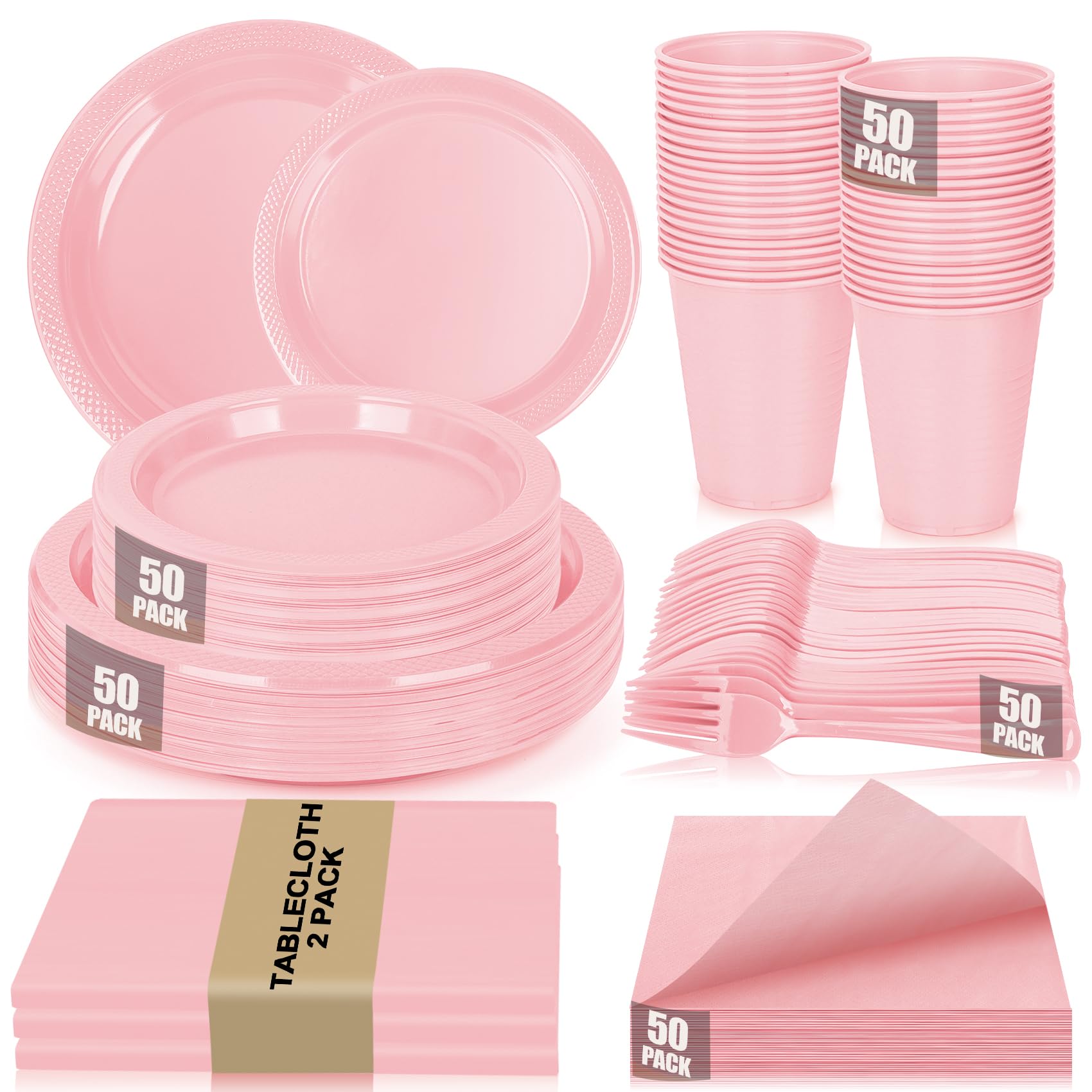 CLIYTICA Pink Plastic Plates for Party,50 Guest Disposable Plastic Plate Set 9" Plates,7" Dessert Plates,Napkins,Cups,Forks & Tablecloth for Birthday,