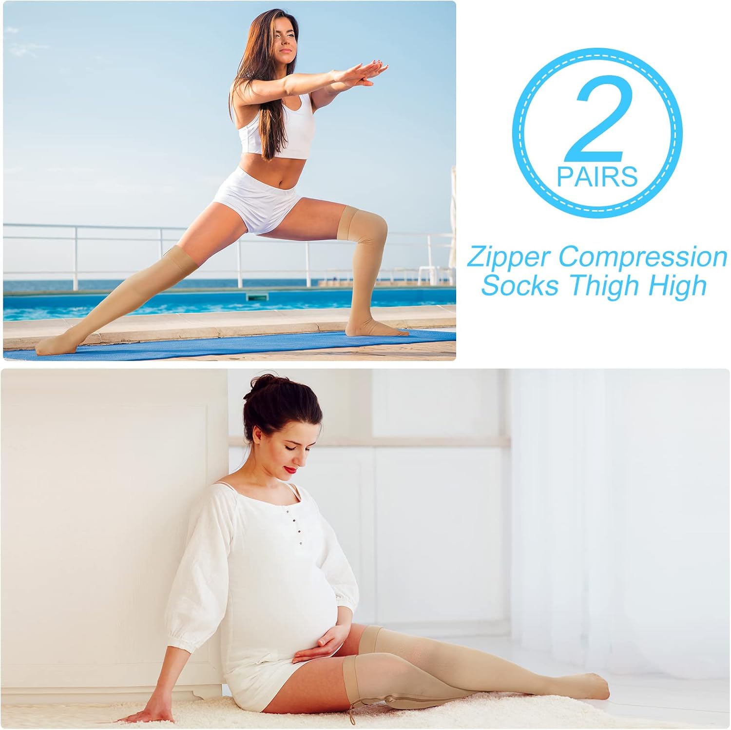 Sosation 2 Pairs Zipper Compression Socks Thigh High 20-30 Mmhg Closed Toe Thigh High Support Stockings(Beige,X-Large) - Image 3