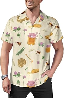 Honey Bees Flowers Mens Shirts Hawaiian Short Sleeved Cuban Collar Graphic Tees Tops