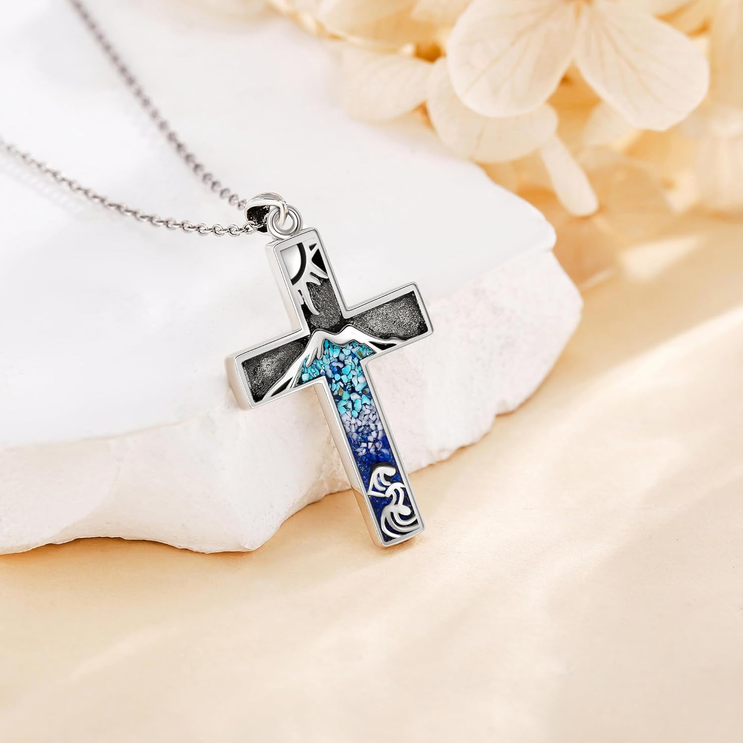 Turquoise Cross Necklace 925 Sterling Silver Mountain Necklace Religious Cross Pendant Necklace Nature Jewelry Gifts for Men Women Christian - Image 2