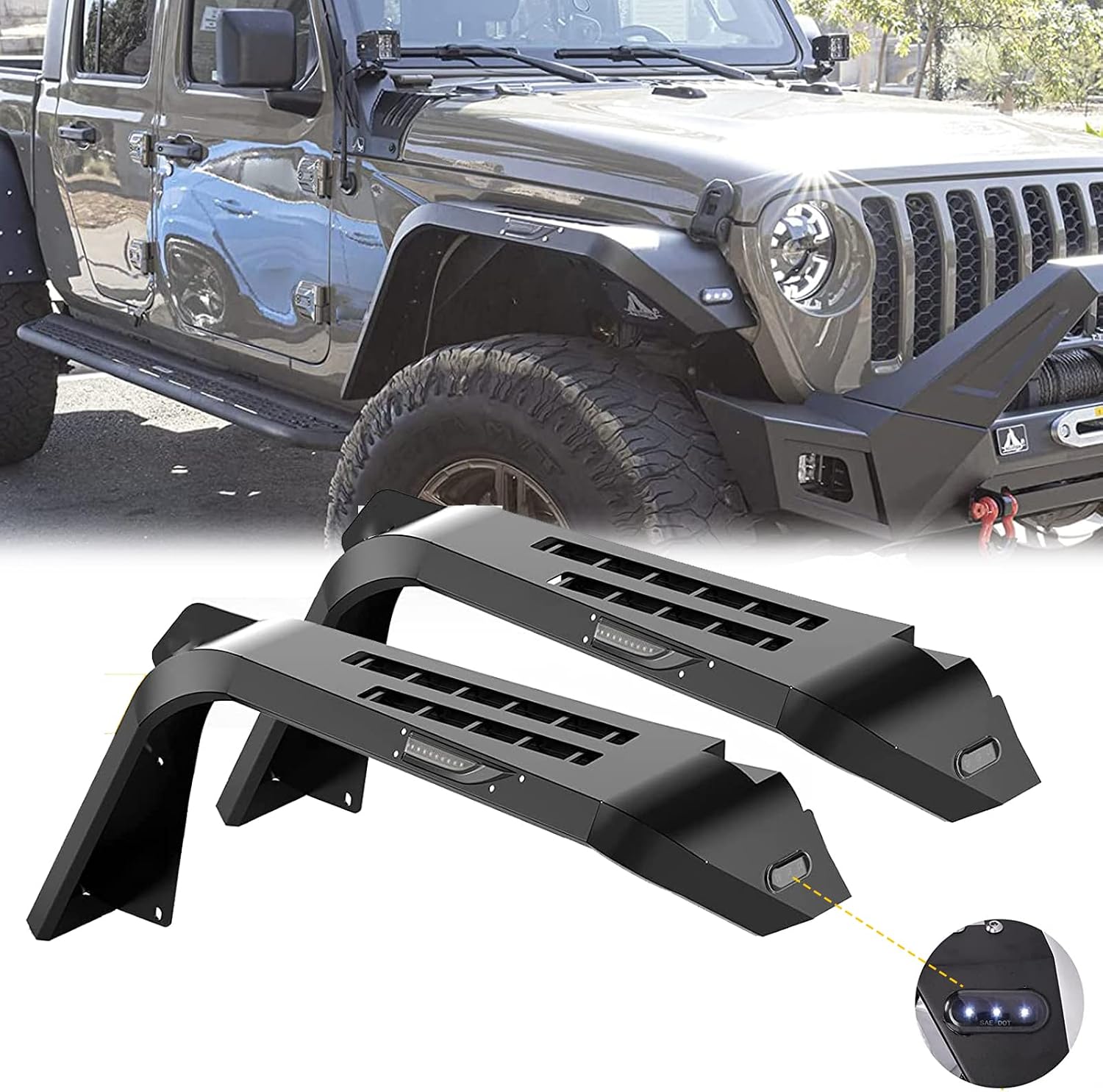 Fender Flares for Jeep 2019 2020 2021 2022 2023 2024 2025 2026 Gladiator JT, with LED DRL Lights and Sequential LED Turn Lights, 2PCS Front Fender Flare Replacement Exterior Accessories for Off-Road