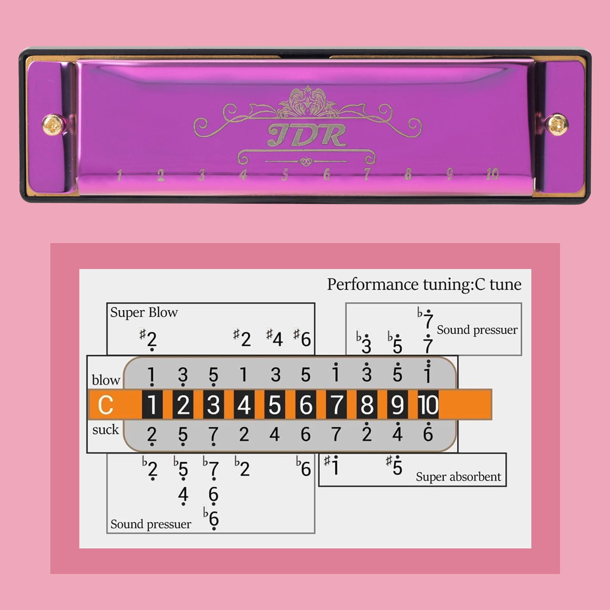JDR Harmonijka C Blues Armonica 10 otworów 20 tonów z etui ustne organy standardowe diatoniczne dla dzieci początkujących dorosłych profesjonalny gracz nauczyciel rodzice studenci fioletowy prezent