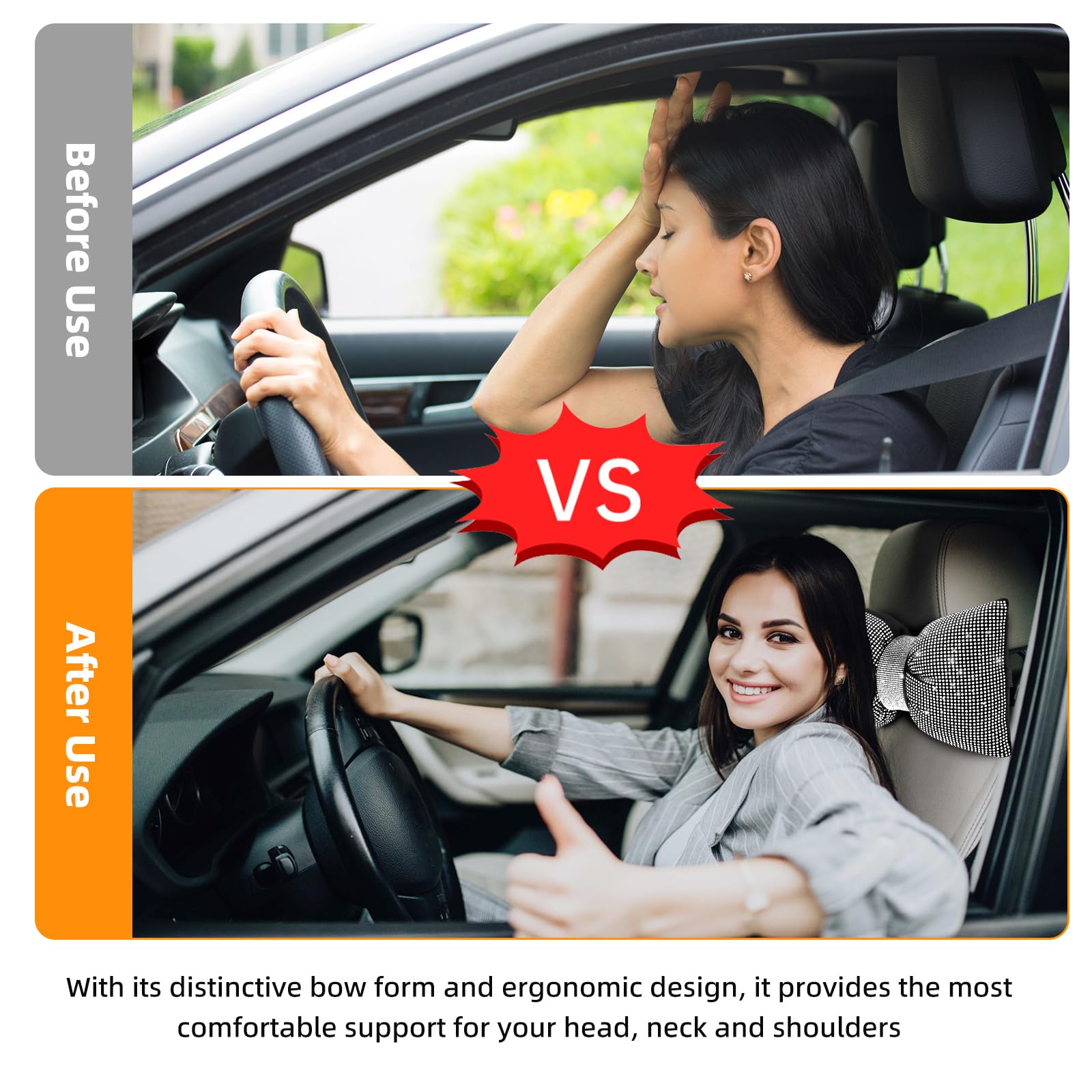 2 PCS Bling Car Pillows Rhinestones Bowknot Bling Car Headrest Pillow Car Neck Pillow for Driver Cool Relax — view 5