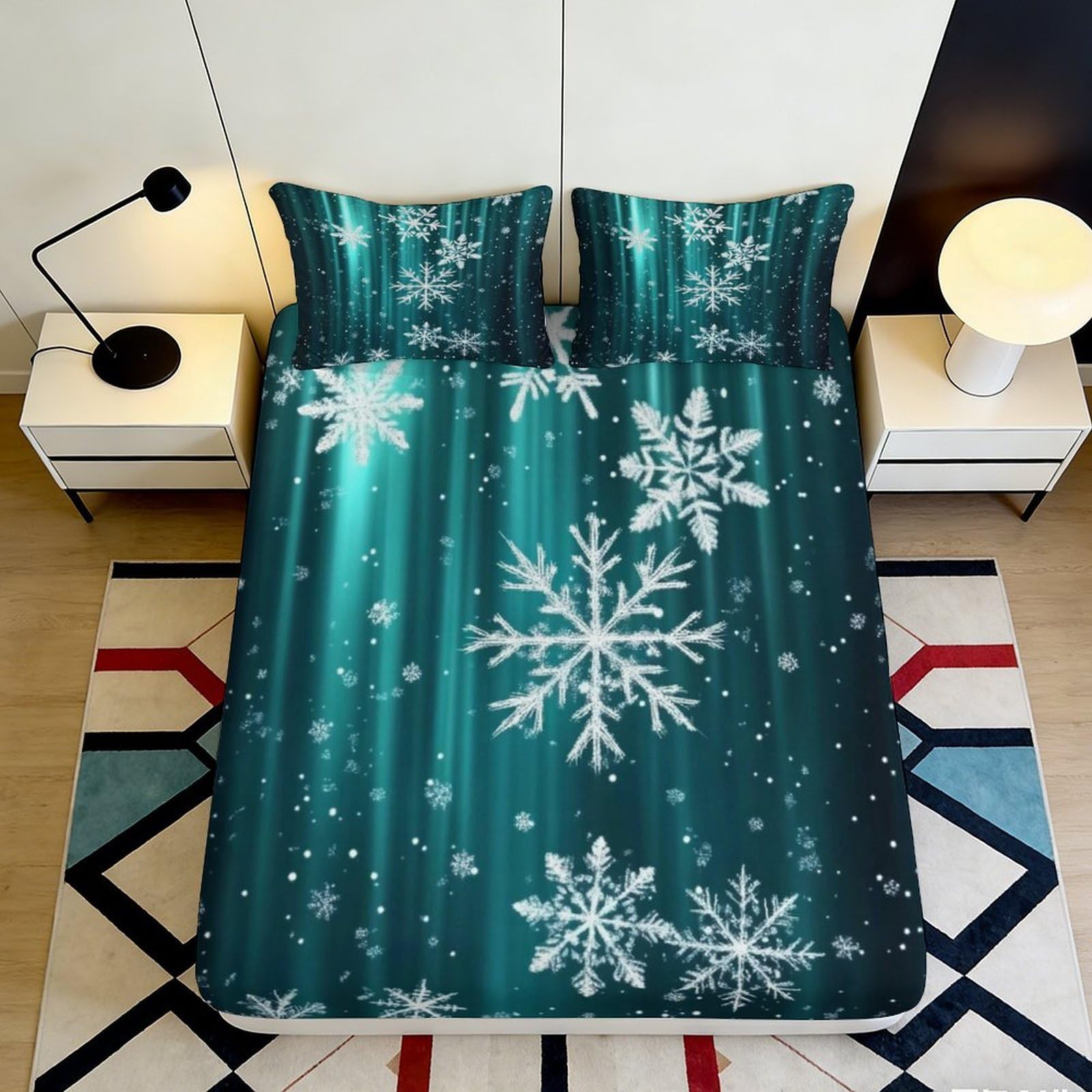 3D Printed Snowflake Microfiber Deep Pocket Fitted Sheet for Bedroom Bedding Non-Slip Snowflake Mattress Fitted Cover Washable 160x200x25cm