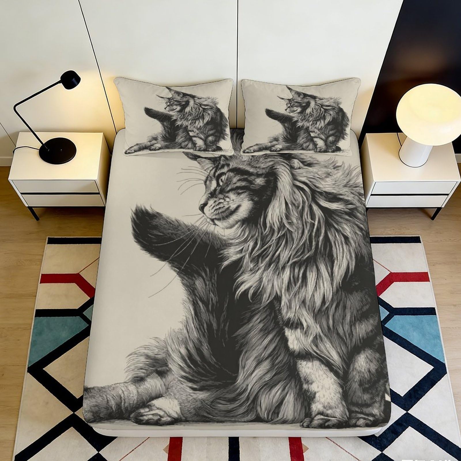 3D Printed Majestic Cat Fitted Sheet Microfiber Soft Breathable Artistic Cat Bed Cover for Bedroom Guest Room Decor 90x200x25cm