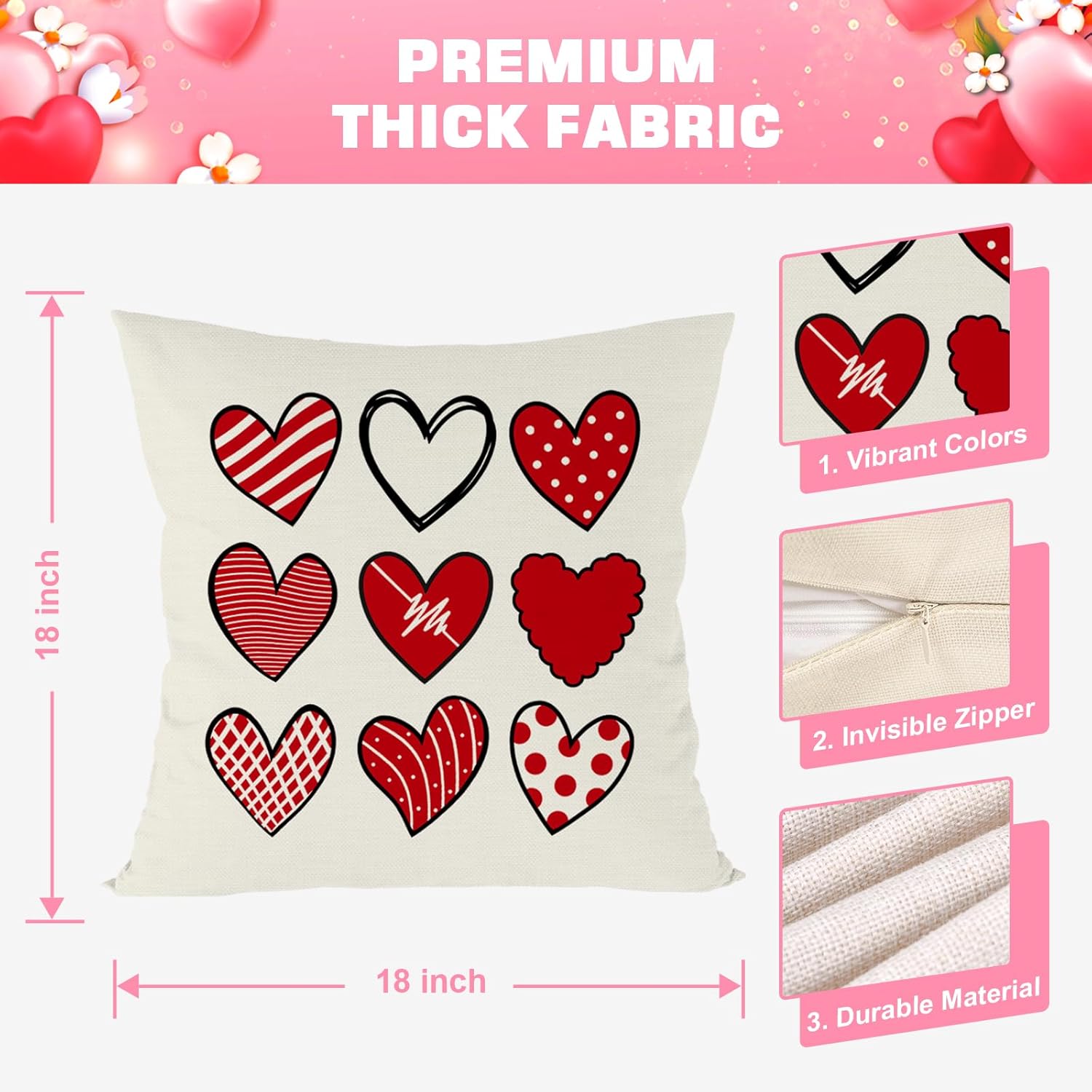 Valentines Day Pillow Covers 18x18 inch Set of 4 for Valentine Decor Red Black Dots Love Heart Throw Pillows Decorative Cushion Cases Valentine‘s Day Decorations - Image 6