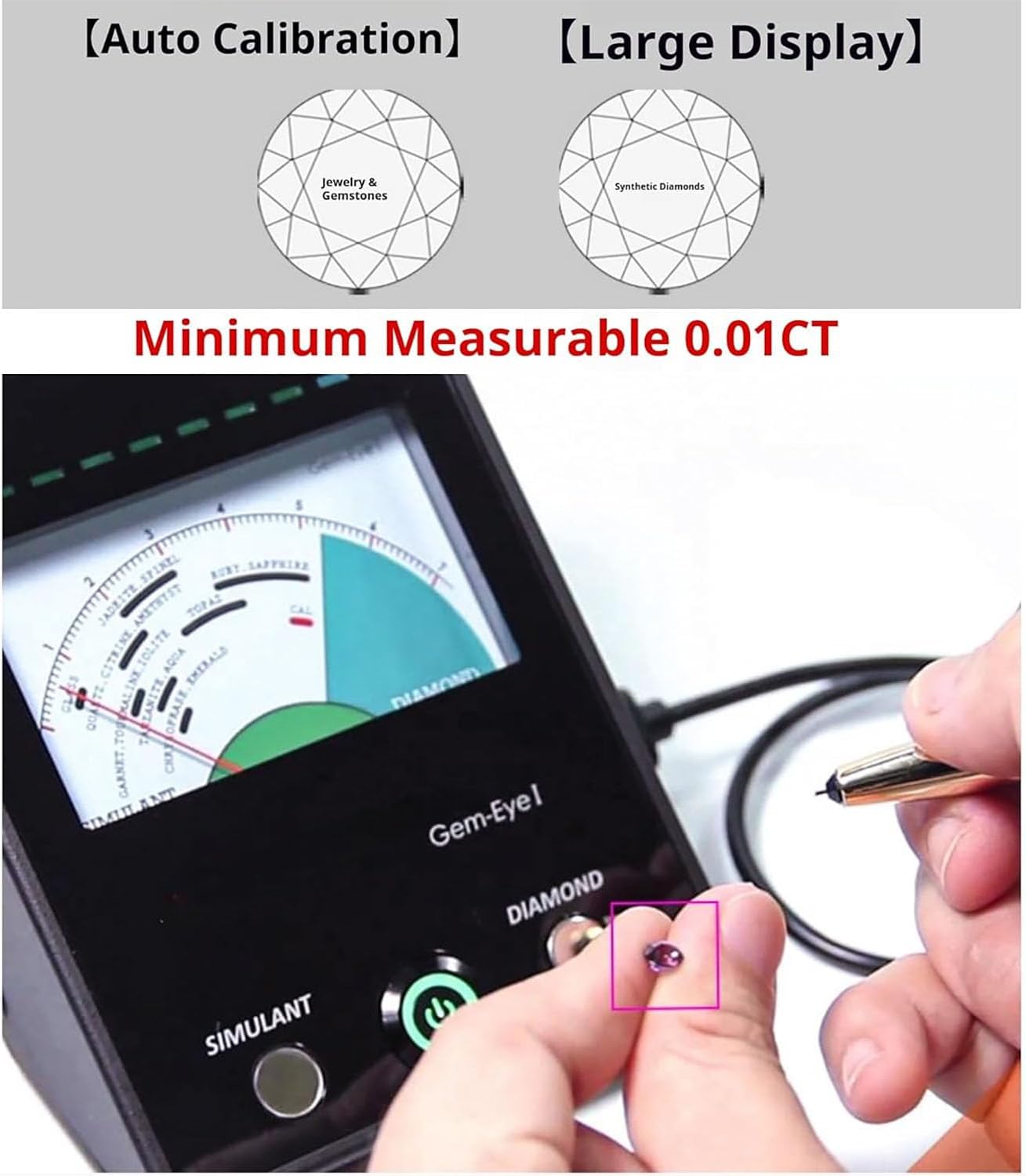 Professional Gemstone Tester, High Accuracy Jewelry Detector with Retractable Probe, Minimum Measurable Size 0.01 CT, Automatic Calibration Function for Accurate Moissanite & Diamond Detection