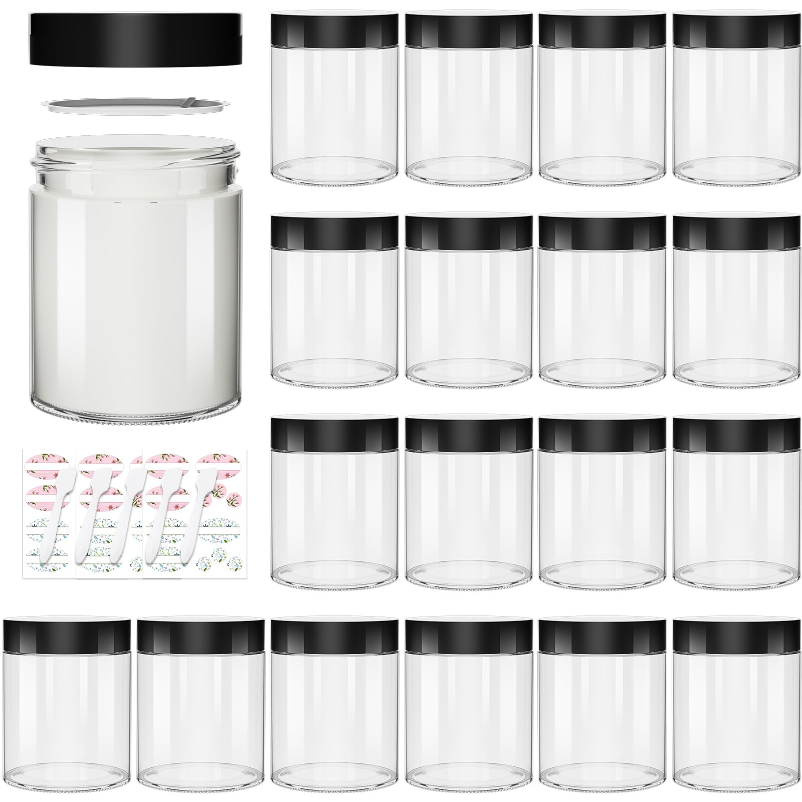 Tarros de vidrio transparente de 8 onzas con tapas negras, paquete de 16 tarros de cosméticos vacíos con forro interior, tarros redondos recargables para crema, pomadas, maquillaje, fabricación de