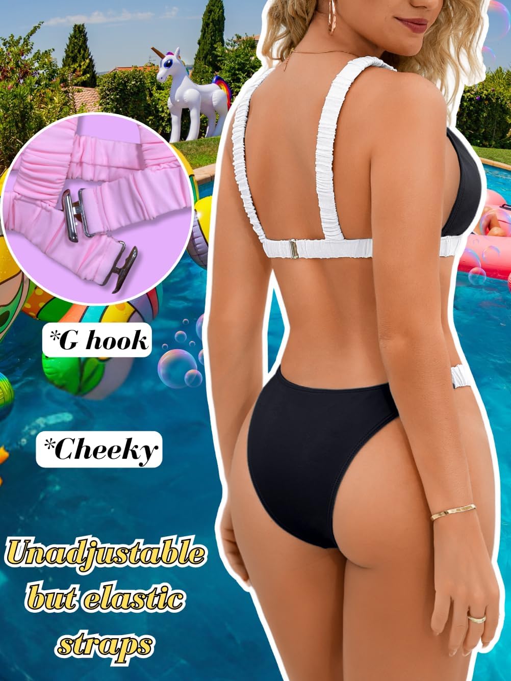 Women's Colorblock Bikini Set, High Cut Scrunch Strap Cheeky Cute 2 Piece Swimsuits for Summer Vacation - Image 3