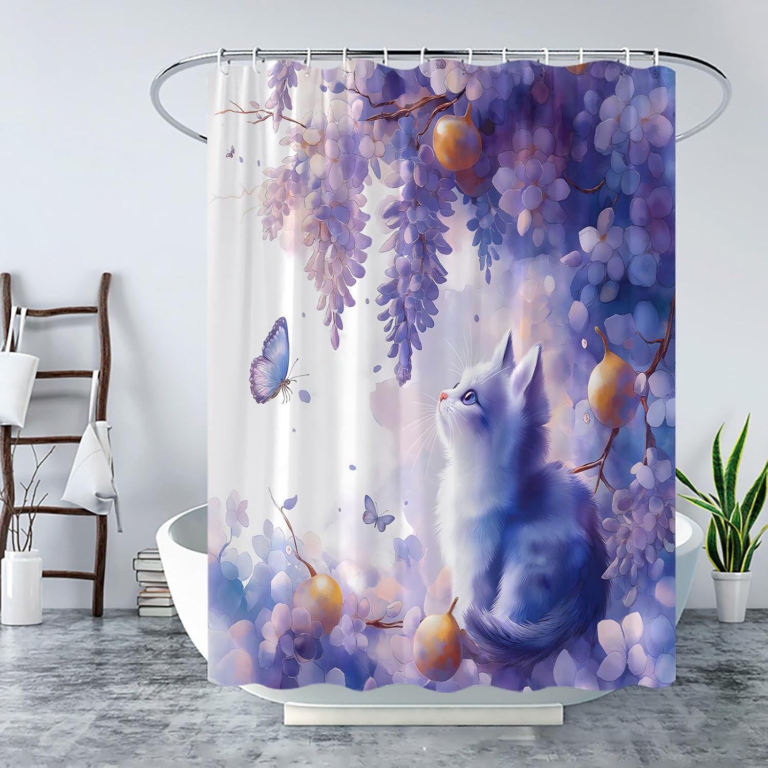 Purple Flower Shower Curtain Funny Cat Butterfly Lilac Lavender Watercolor Floral Spring Rustic Garden Abstract Bathroom Curtains Decor with Hooks