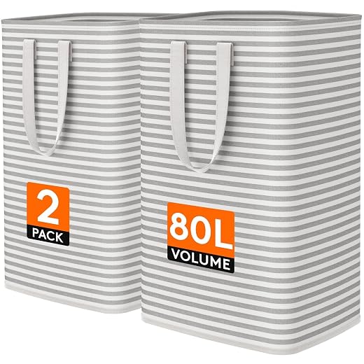 Lifewit 80L Large Laundry Baskets, 2 Pack, Reinforced Handles, Grey