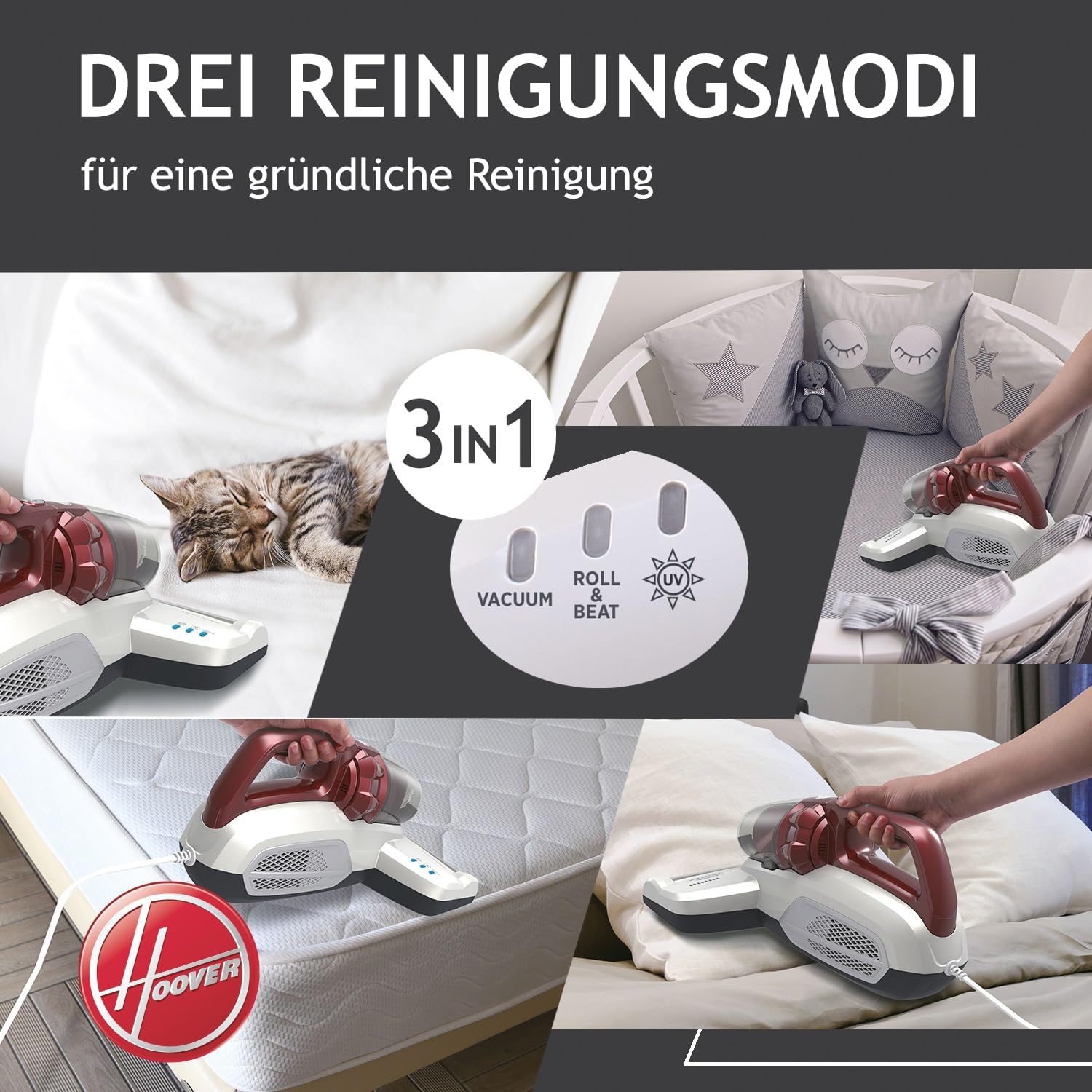 Hoover MBC500 Milbensauger mit UV-Licht, bekämpft Bettwanzen – 3in1 Matratzensauger entfernt 99,9% Bakterien, Allergene, Staub-Milben von Sofas, Polster – Matratzenreiniger für Allergiker