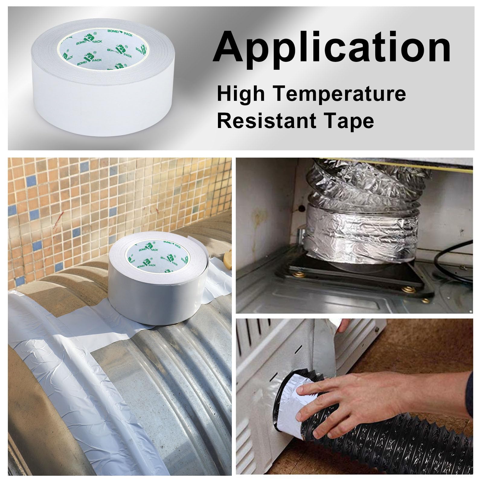 BOMEI PACK 2 rollos de cinta de aluminio blanco de 50 mm x 50 m, resistente al calor, cinta de lámina de alta temperatura, 2 pulgadas, reparación de tuberías aislantes, calefacción, ventilación
