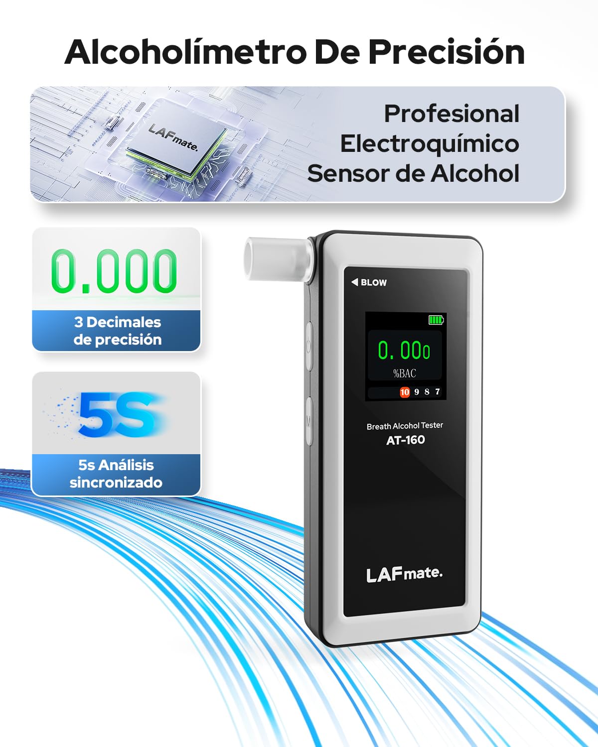 Alcoholímetro AT-160, Alcoholímetro de Alta Precisión con Umbral de Alarma Ajustable, Pantalla LCD, Memoria de Pruebas y 10 Boquillas Incluidas – Ideal para Uso Doméstico