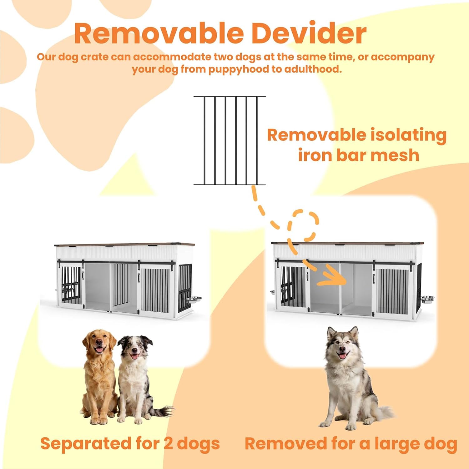 71'' Dog Crate Furniture for 2 Dogs, Wooden Double Dog Kennel with Removable Divider & 360° Rotating Feeder, 3 Fluted Drawers, Charging Station, TV Stand or Side Table (White) thumbnail