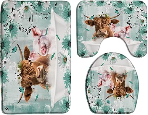 Miniatura 7 de Juego de 3 alfombrillas de baño de vaca de las tierras altas de granja con diseño de animales de granja divertidos del oeste, retrato de toro largo,