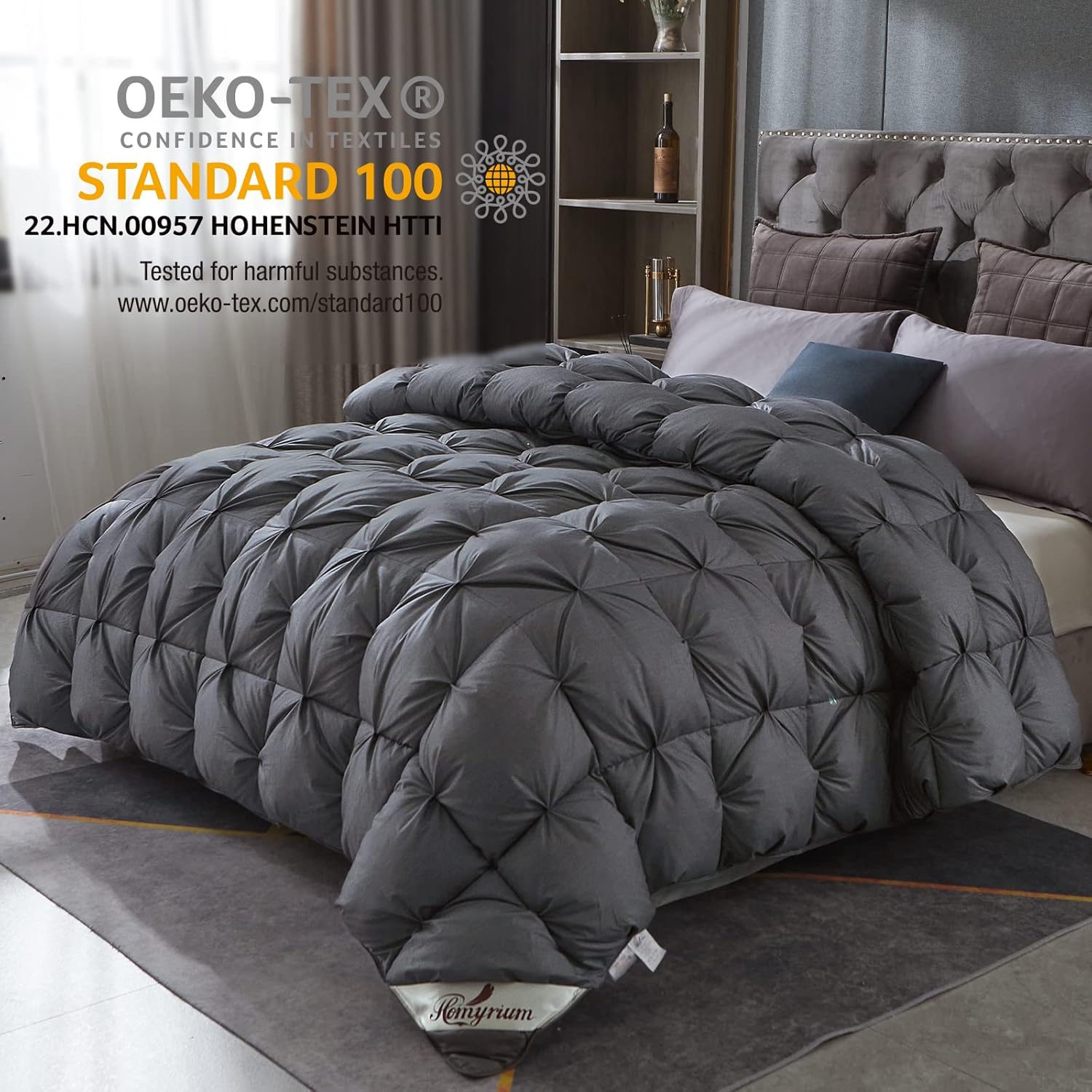 Homyrium Pinch Pleat Goose Feathers Down Comforter Queen Size All Season Medium Warmth 750+ Fill Power Grey Fluffy Ultra-Soft Duvet Insert with Corner Tabs (90x90, 48 Oz) : Home & Kitchen