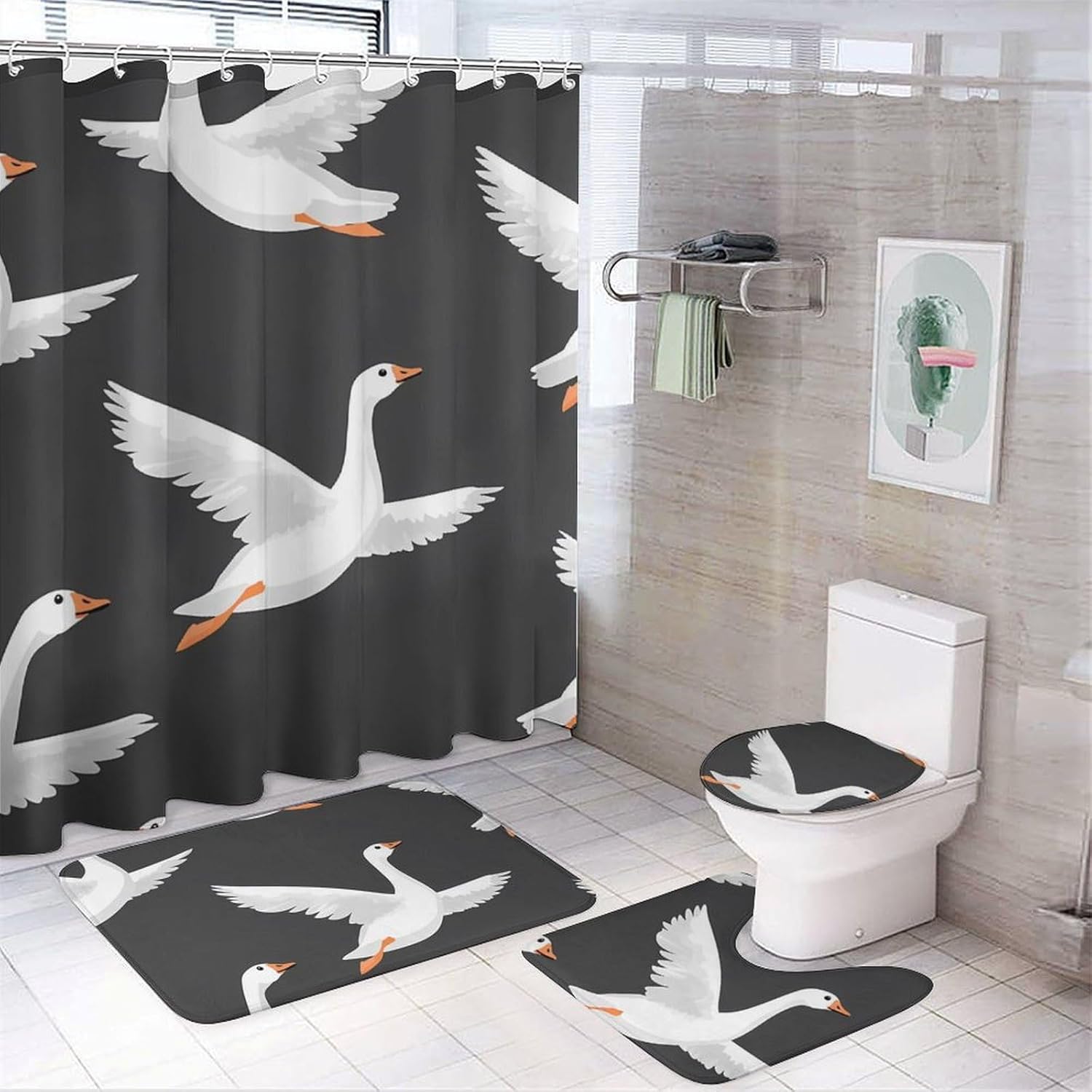 Flying Wild Geese Bathroom Sets with Shower Curtain and Rugs 4 Piece with U-Shaped Floor Mat Toilet Lid Cover