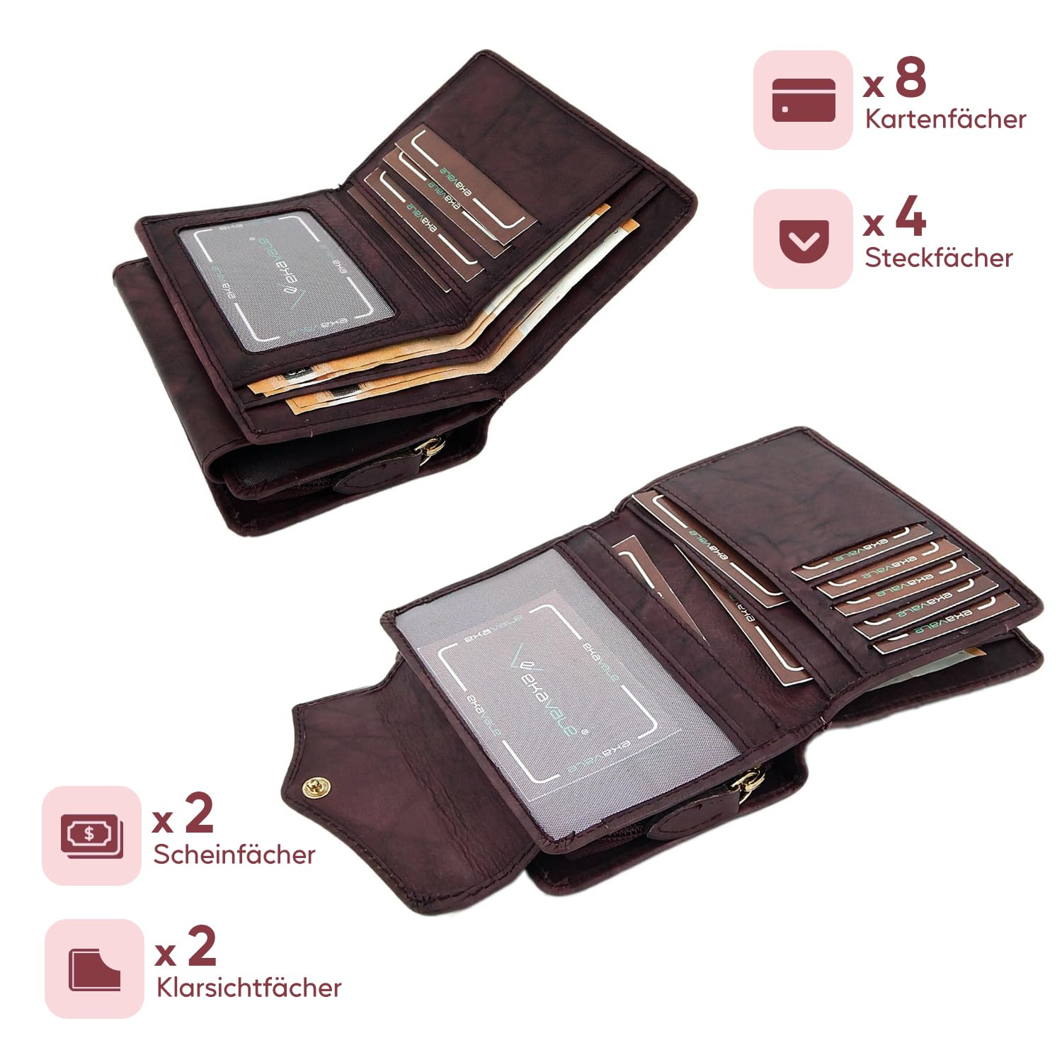 ekavale Geldbörse für Damen mit Druckknopf-Überschlag RFID weiches Leder (Bordo)