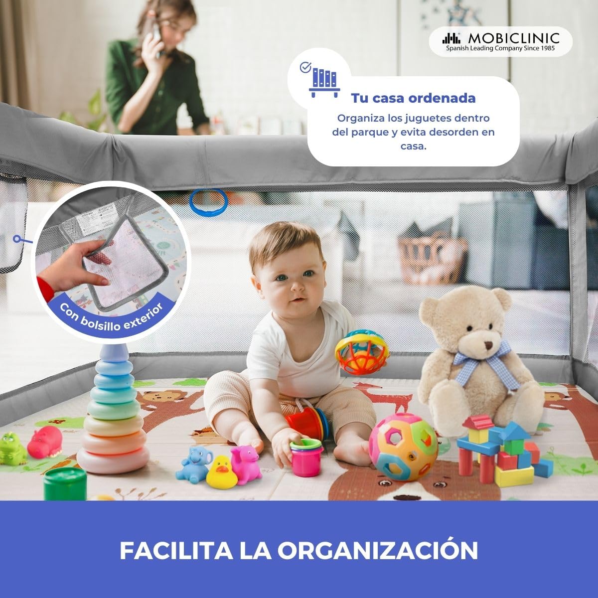 Mobiclinic®kids, Parque infantil bebe + alfombra de juegos reversible, Plegable, 125x125cm, Bolsa transporte, Transpirable, Happyland, Tejido lavable, Agarraderas, Corralito bebé (gris)