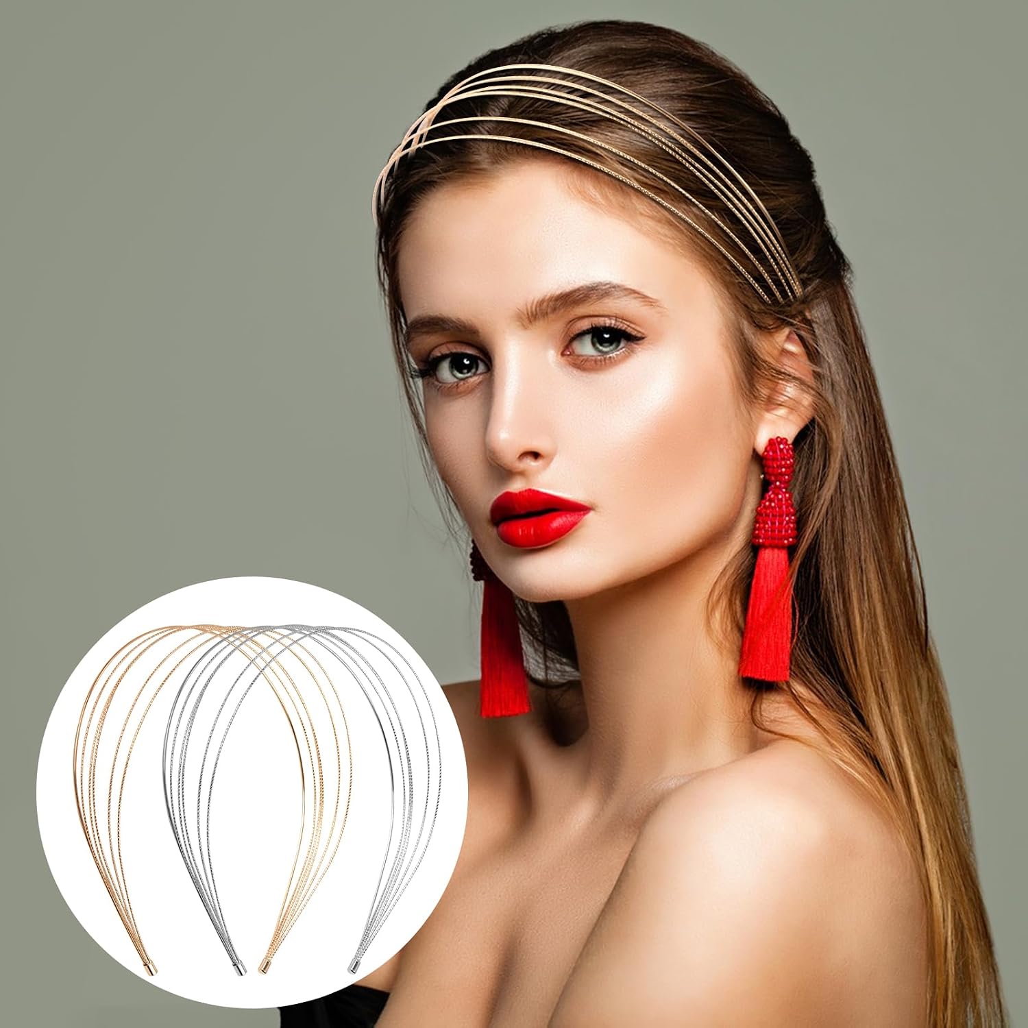 Multi Layers Metal Headbands for Women, 2Pcs Fashion Thin Elastic Metal Headband Layered Elegant Headpiece Hair Accessories Row Wire Headband Bridal Headband Hair Hoop Wedding Hair Band image 5