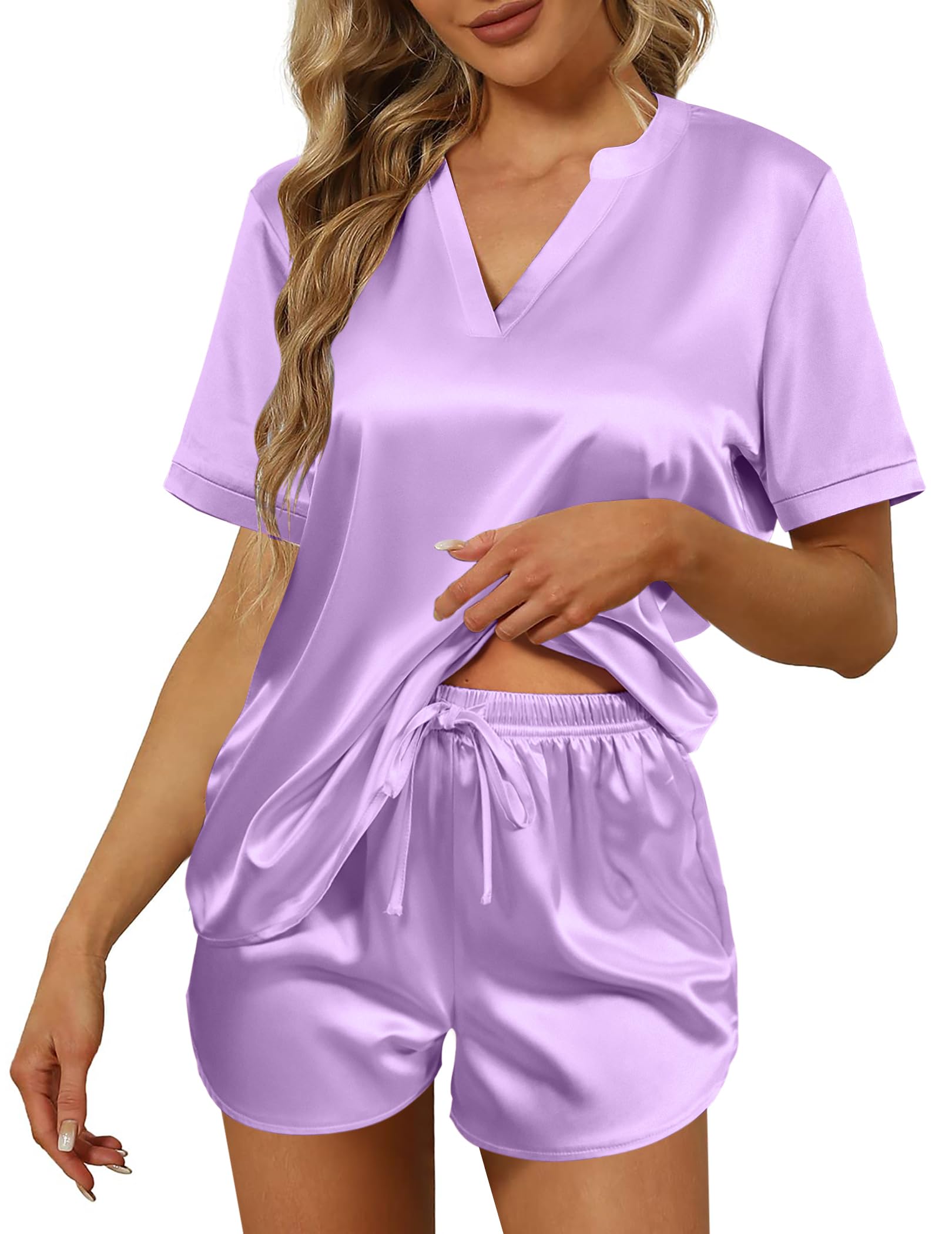 Ekouaer Silk Pajamas for Women Short Sleeve Sleepwear Two-piece Pjs Set Soft V Neck Loungewear Tops with Pj Shorts S-XXL
