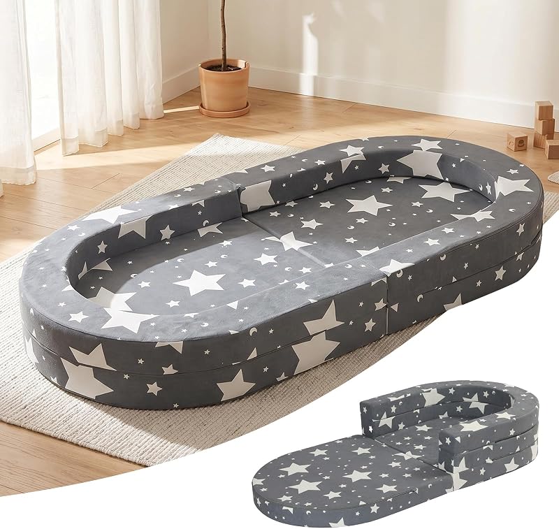 Travel Toddler Bed, 3-in-1 Portable Foldable Toddler Chair,Soft Foam Floor Bed Lounger with Washable Cover,Star