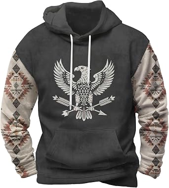 Vintage Fashion Mens Autumn/Winter Hooded Western Cowboy Aztec Fun Artistic Prints Sweatshirt Patchwork Pullover