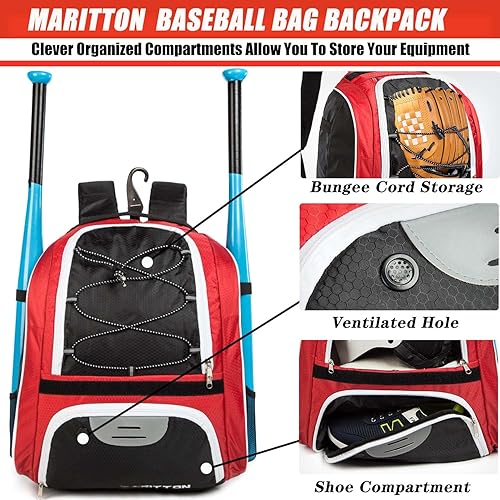 Miniatura 3 de MARITTON Bolsa de béisbol  Mochila de bate para béisbol, equipo de T-Ball y sóftbol para jóvenes y adultos con compartimento para zapatos y soporte