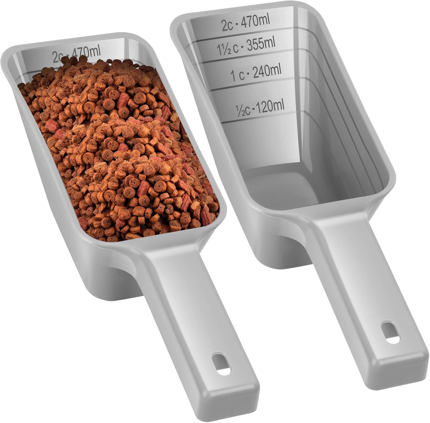 2 Cup Dog Food Scoop(2 Pack), Plastic Pet Food Scoop with Measuring Lines for Accurate Pet Food Portions,Dishwasher Safe (Gray)