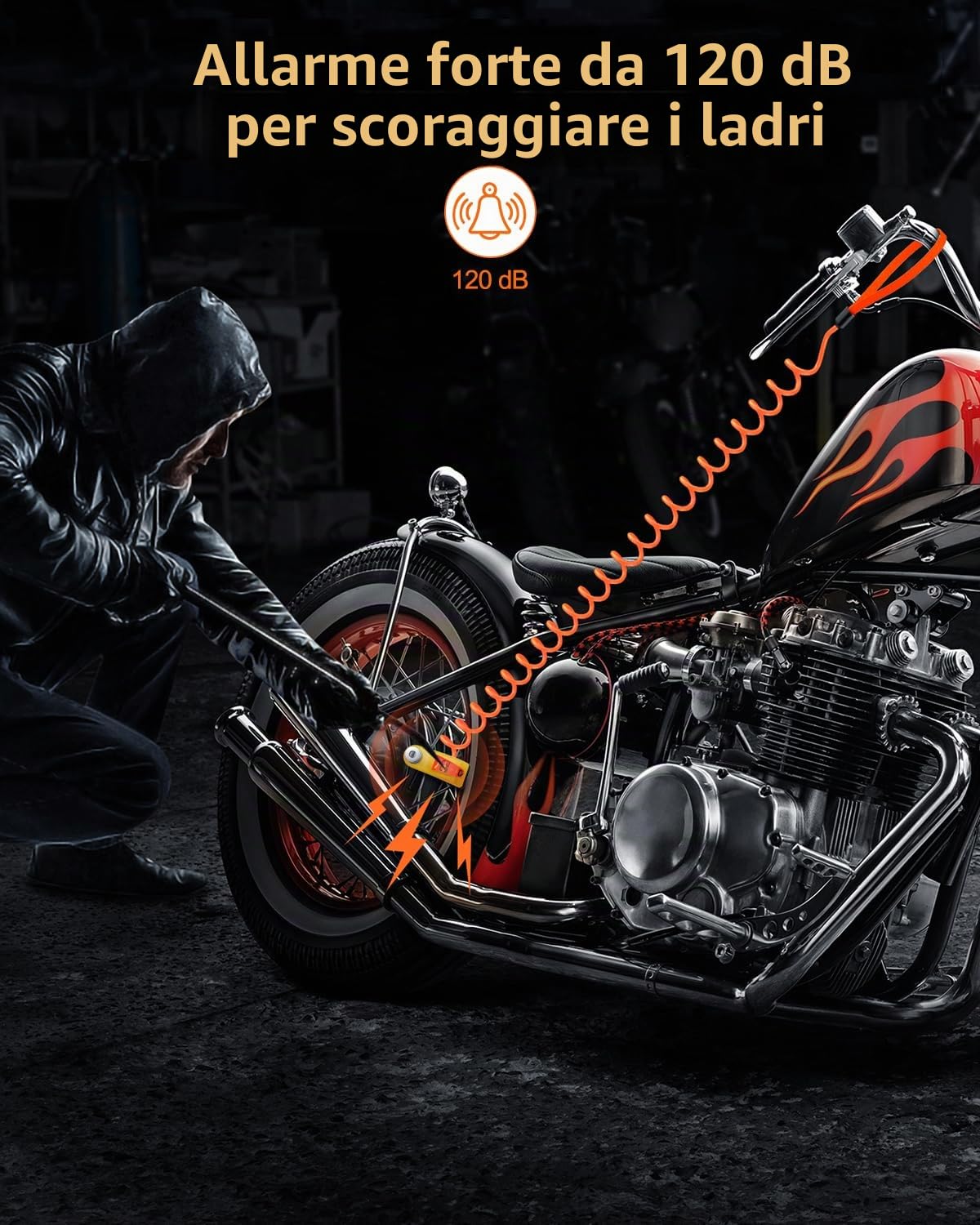 Bloccadisco con allarme per moto, ricaricabile, allarme antifurto 120 dB, resistente, con cavo promemoria da 1,8 m, per moto, bici, scooter, e-bike, giallo
