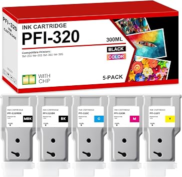 Lezzo PFI-320 Ink Tank Set 300ml 5-Pack PFI-320MBK PFI-320BK PFI-320C PFI-320M PFI-320Y Replacement for Canon PFI-320 PFI320 Ink for ImagePROGRAF TM-200 TM-205 TM-300 TM-305 Printer Pigment Ink