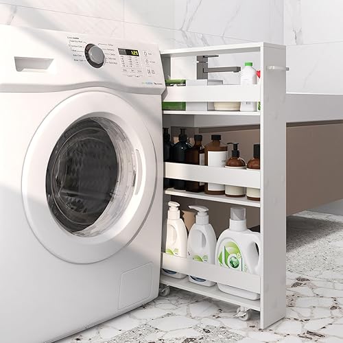 Miniatura 6 de Giantex Carrito de almacenamiento delgado de 4 niveles, carrito de isla angosto rodante, gabinete lateral con asa, carrito de ahorro de espacio,