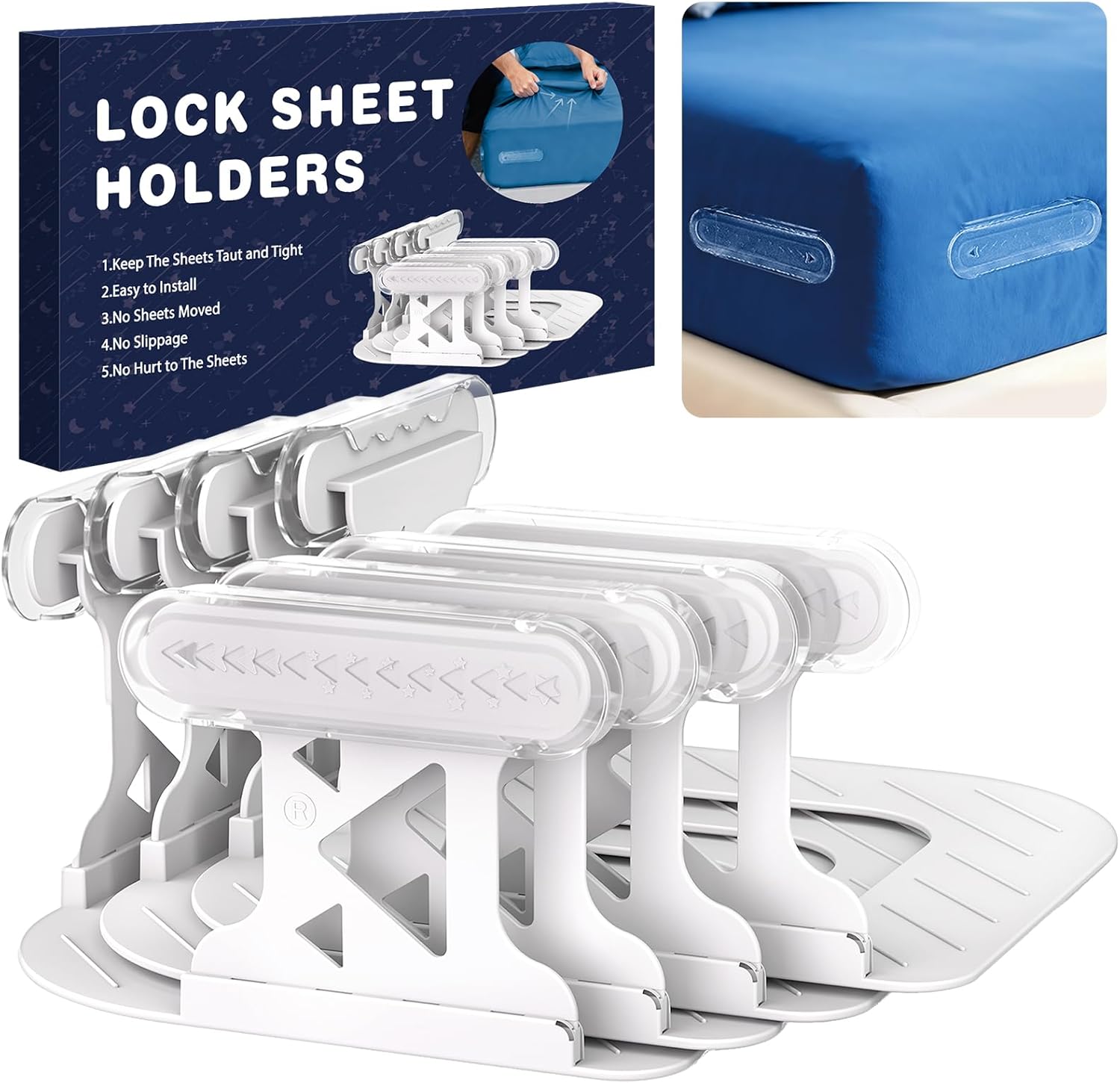 No-Lift Bed Sheet Holders for Thick Mattresses, Triangle Sheet Straps Keep Sheets in Place All Night, Upgraded Mattress Clips with Fabric-Safe Grippers, Fitted Sheet Fasteners 4Pcs（White）