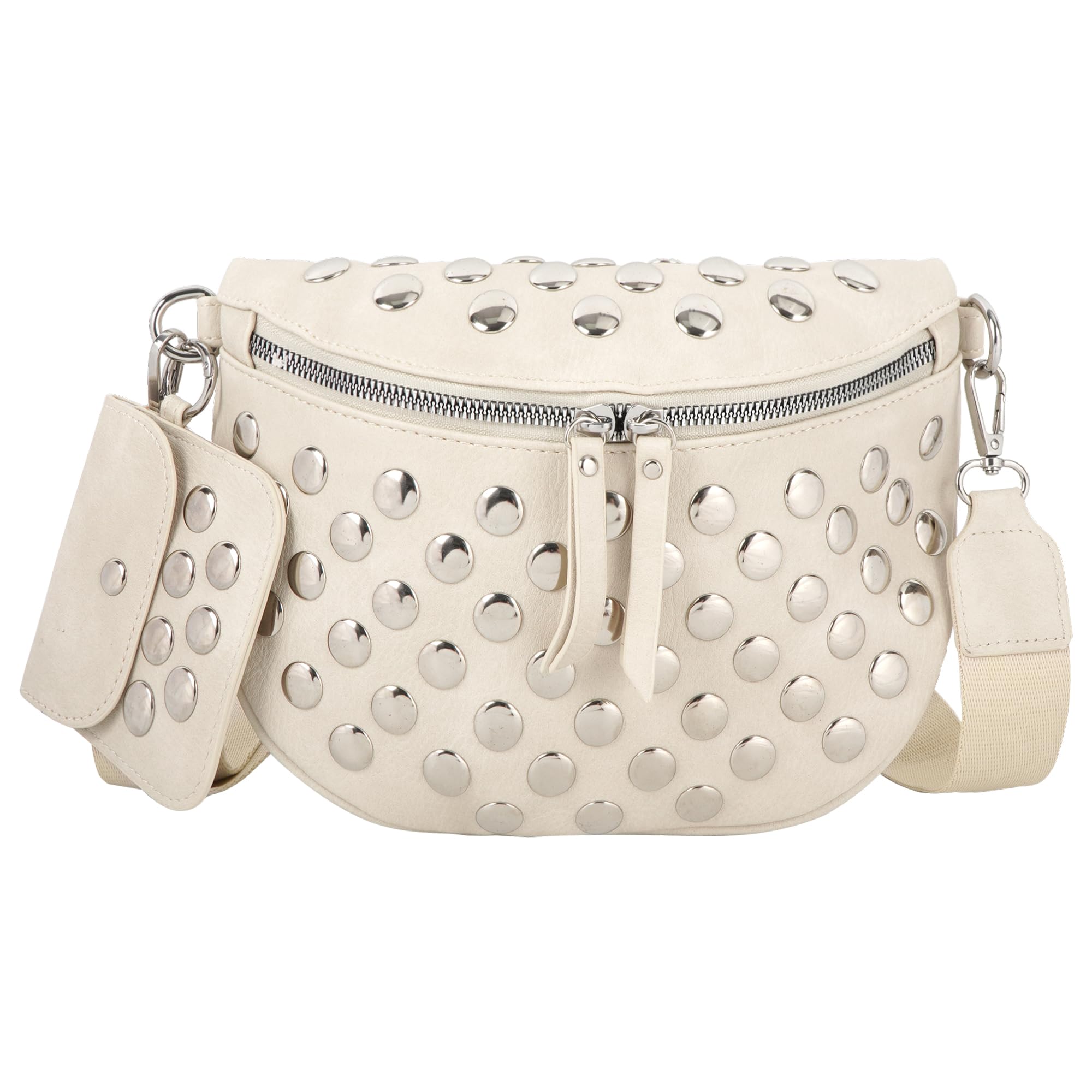 LABANCA Riñonera de piel sintética para mujer, con remaches y tachuelas y cremallera, bolsa de hombro para festival, 08676Blanco, 13.4 * 5.1 * 3.5 in, Casual