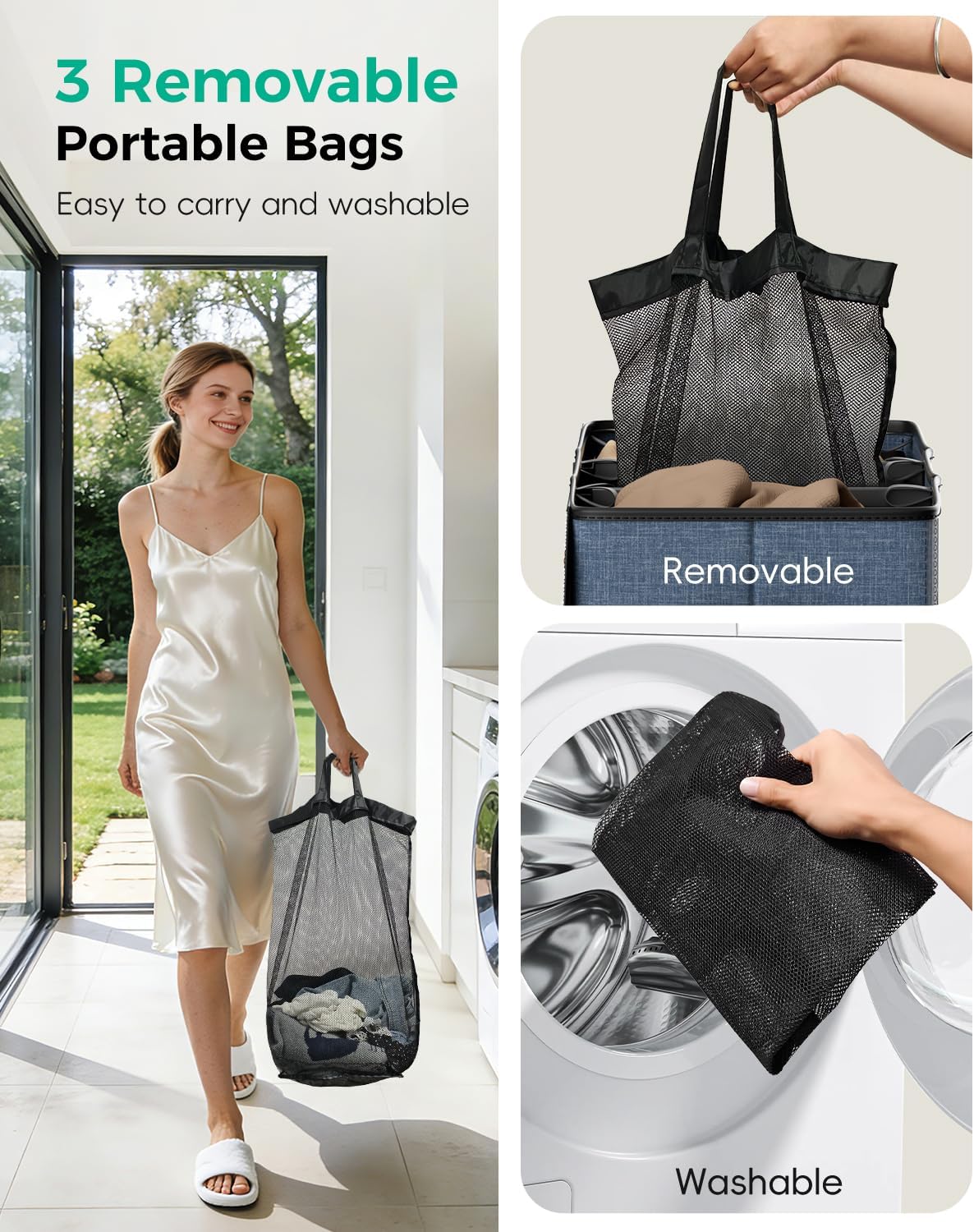 185L Laundry Hamper 3 Section with Lid & Removable Bags