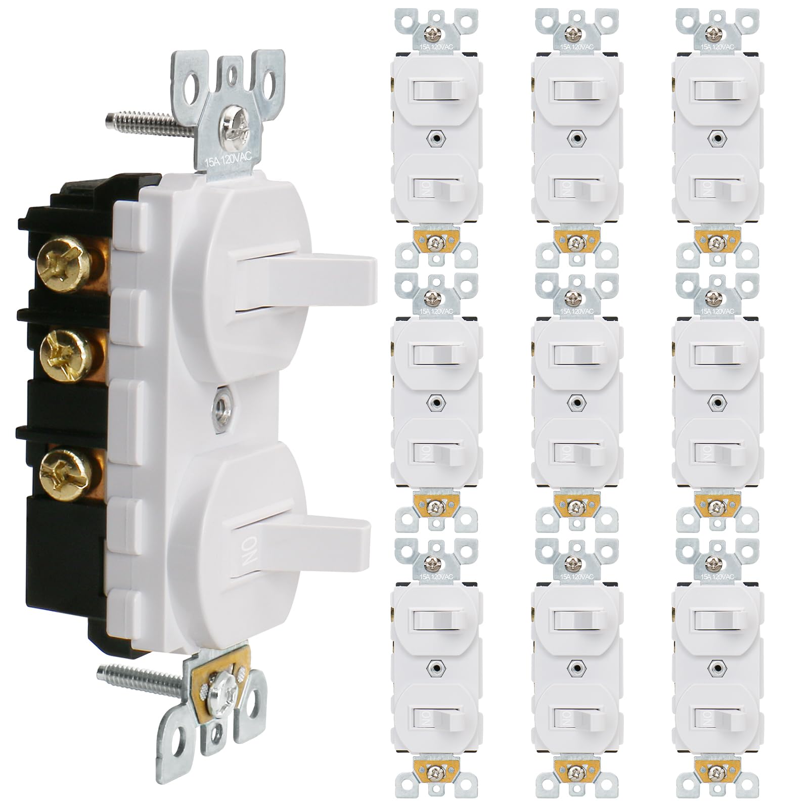 Baomain 10-Pack Double Toggle Light Switch,15 Amp 125V Two Single Pole Residential Grade,On/Off Electrical Wall Switch Self-grounding, Glossy White