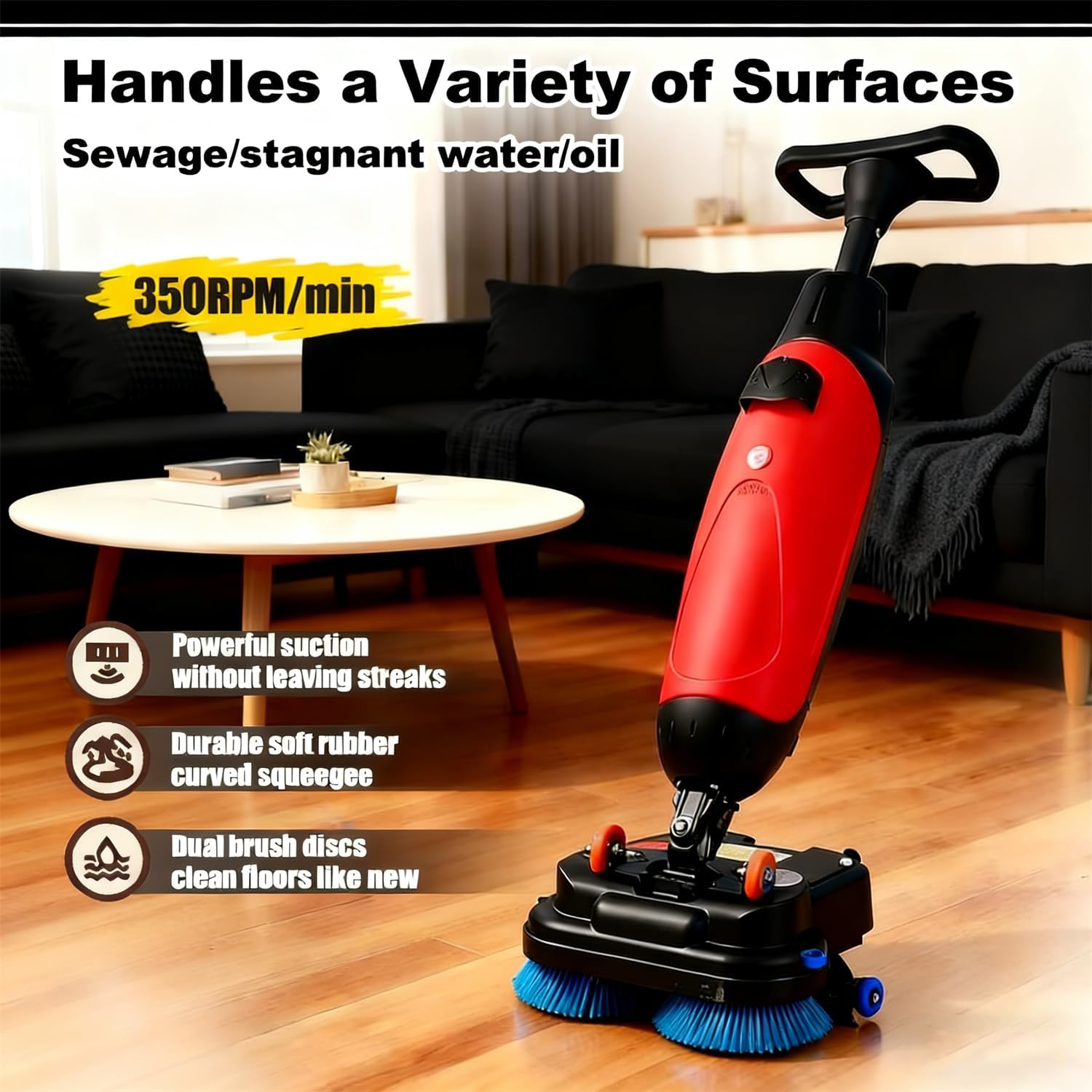 Commercial Floor Scrubber - Multi-Functional Floor Buffer Polisher Machine, Cordless Floor Washer, Hand Push Scrubber Dryer, 13000 Sqft/H, with 18" Cleaning Width, Rotary Double Brushes