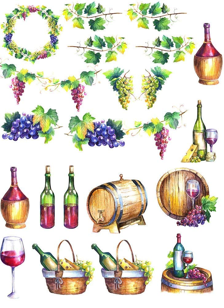 Wine and Grapes - 402404 - Ceramic Decal - Enamel Decal - Glass Decal - Waterslide Decal - 3 Different Size Sheet (Images) to Choose from. Choose Either Ceramic (Enamel) or Glass Fusing Decals