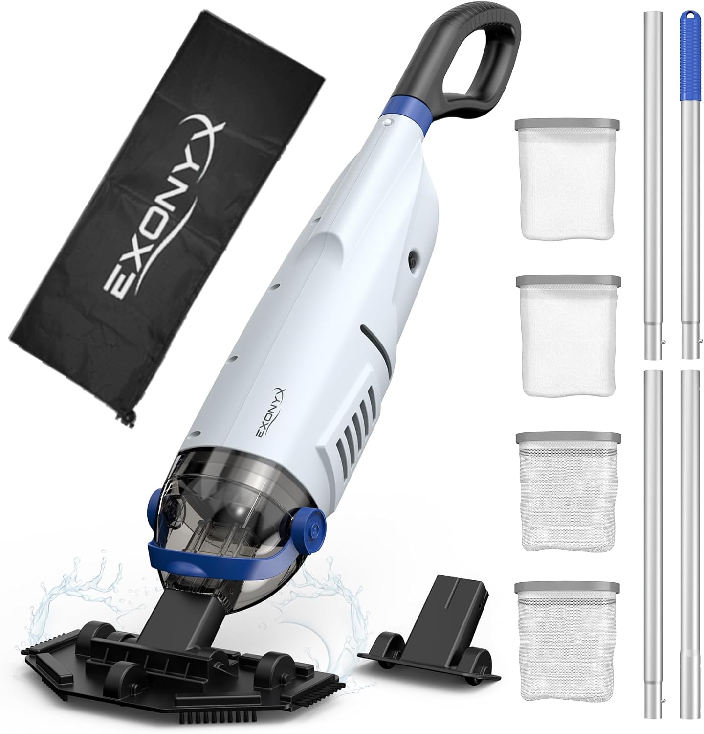 Cordless Handheld Pool Vacuum Cleaner, 18.5GPM Enhanced Powerful Suction for Above Ground/Inground Pool with 72.85" Pole, 60 Min Run Rechargeable Pool Vacuum with 4 Filter Bags & Storage Bag