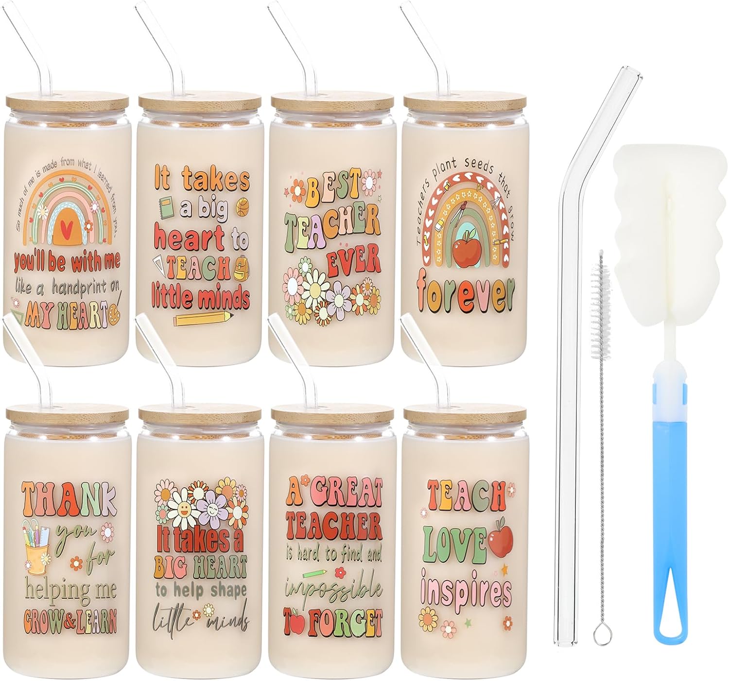8 Sets Teacher Gifts 16 Oz Thank You Teacher Can Glass Flower Teacher Coffee Glass Cup with Bamboo Lid and Straw Teacher Appreciation Can Glass for Water, Juice, Milk, Beer, Whiskey,Teacher’s Day