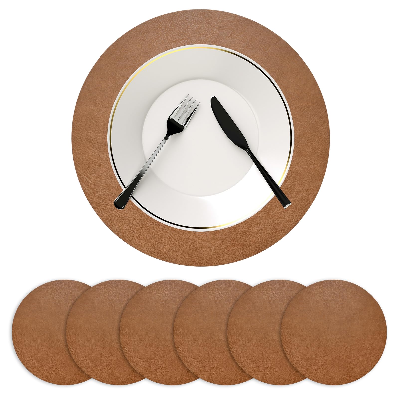M METERXITY Round Placemats Set of 6, 13 Inch PVC Leather Place Mats Washable Heat Resistant Non-Slip for Dining Table/Kitchen/Party Decoration, Reversible Table Mats [Dark Brown] — image 1