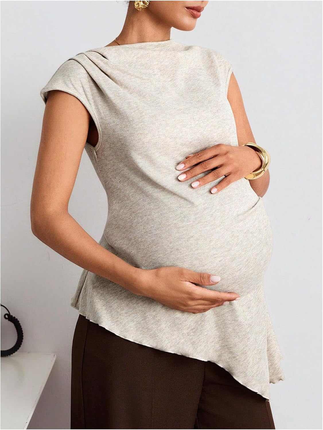 MakeMeChic Women's Maternity T Shirts Ruched Asymmetrical Cap Sleeve Tops